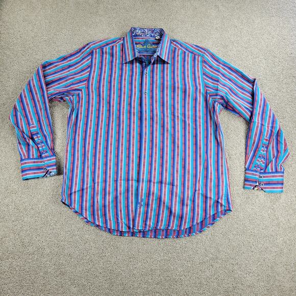 Robert Graham Embroidered Dress Shirt Mens XL Blue Red Stripes Paisley Cuffs